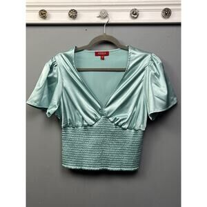 GUESS Cropped Top Womens Large Green Shiny Smocked Stretch‎ V Neck Stretch